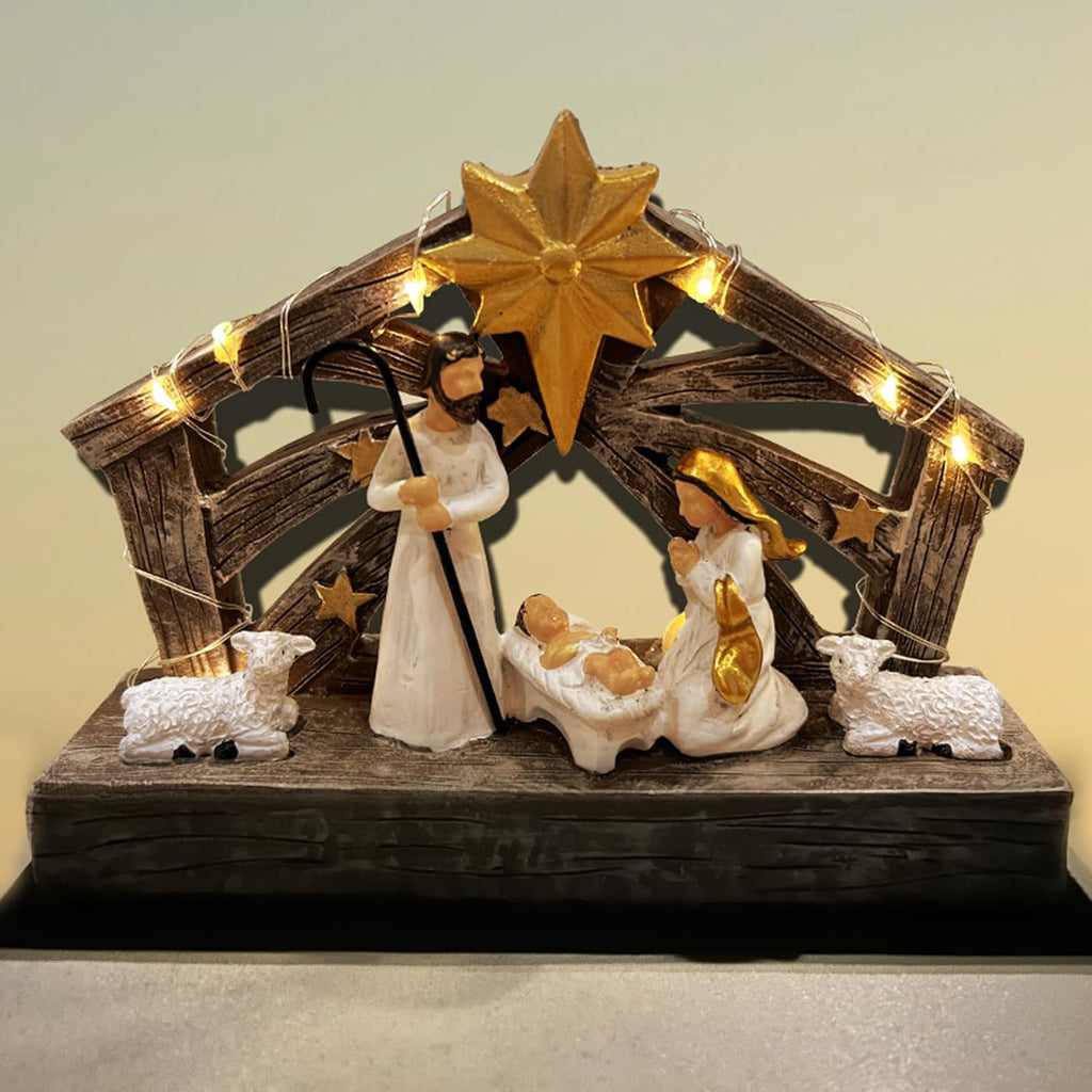 Nativity Scene - Hand-Painted Resin Figures with Lights | First Christmas Story Decoration