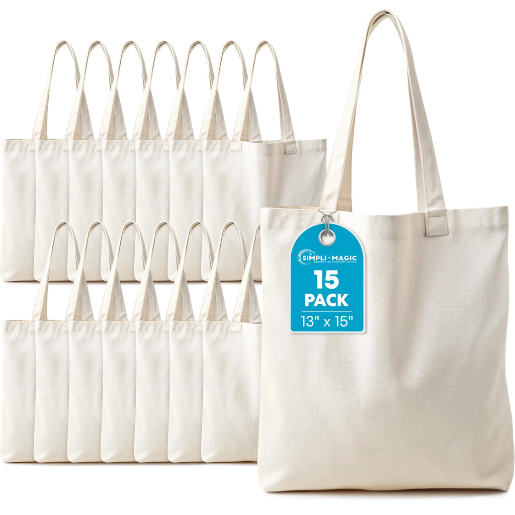 Simpli-Magic Canvas Tote Bag 13"x15" (15 Pack) – Thick Shopping Canvas Tote Bags Bulk – Blank Reusable Grocery Bags for DIY Art & Craft, Sublimation 79163 (Beige)