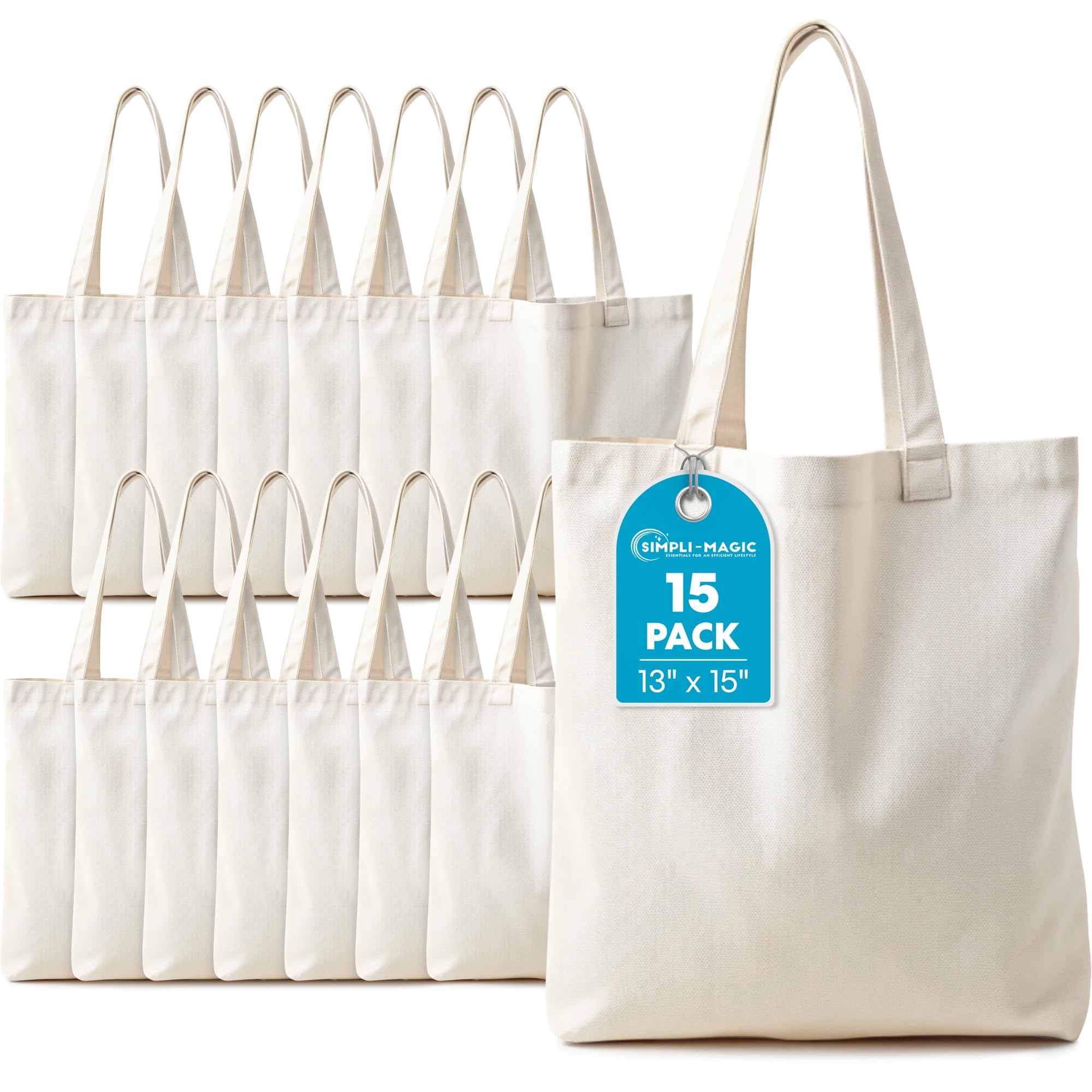 Simpli-Magic Canvas Tote Bag 13"x15" (15 Pack) – Thick Shopping Canvas Tote Bags Bulk – Blank Reusable Grocery Bags for DIY Art & Craft, Sublimation 79163 (Beige)