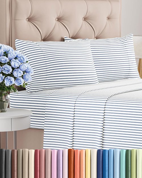 Cal King Size 4-Piece Sheet Set by Hotel Luxury | Comfy, Breathable & Cooling Bedding - Deep Pockets, Wrinkle-Free - Blue Stripes