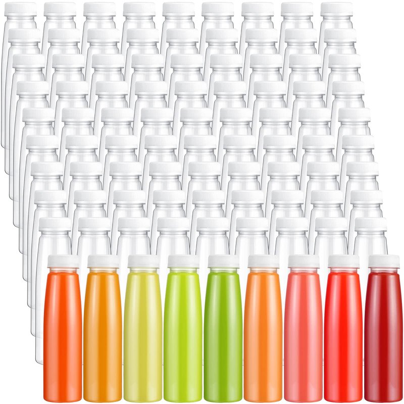 Tanlade 100 Pcs Plastic Juice Bottles with Caps Refrigerator Drink Container with Lid Clear Reusable Beverages Bottles for Juices, Milk, Tea, Fridge Storage, Take out (White Cap,10 oz)