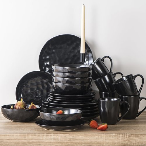 vicrays Ceramic Dinner Plates Set, 10 Inch, Microwave, Oven, Dishwasher Safe, Round, Porcelain Fluted Suitable for Steak, Pasta, Pizza, Home, Restaurant - Set of 6 Black