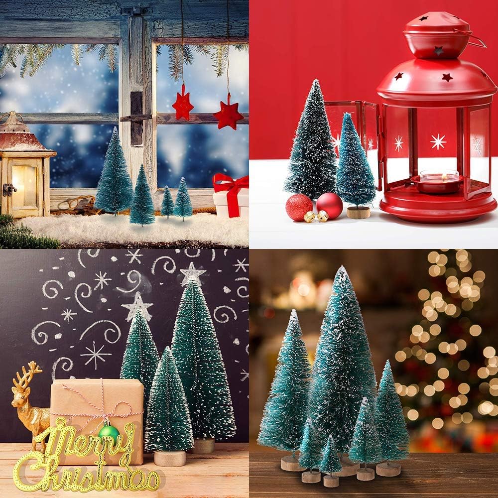 Skiennix Artificial Mini Sisal Christmas Trees - Snow Frosted with Wooden Bases | 20 Pcs in Blue-Green