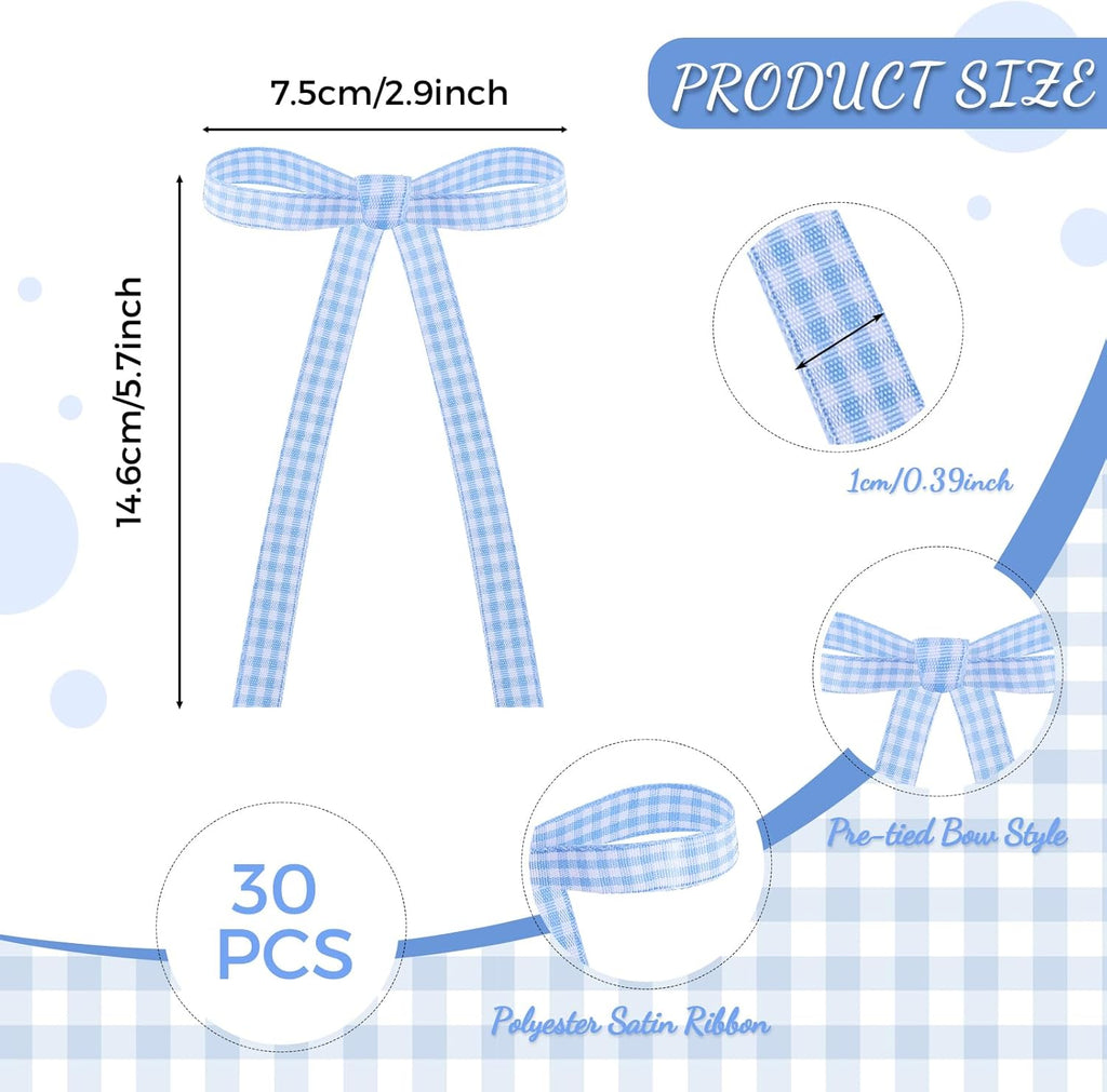 Skiennix 30 Pack Bow Cake Toppers - Blue Gingham Ribbons for Birthday & Baby Shower Celebrations