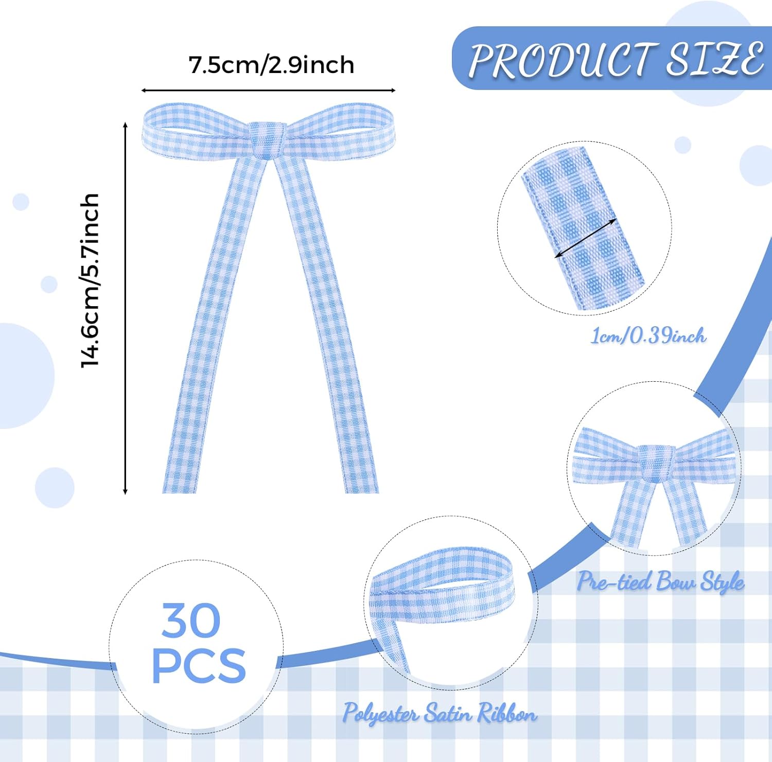 Skiennix 30 Pack Bow Cake Toppers - Blue Gingham Ribbons for Birthday & Baby Shower Celebrations