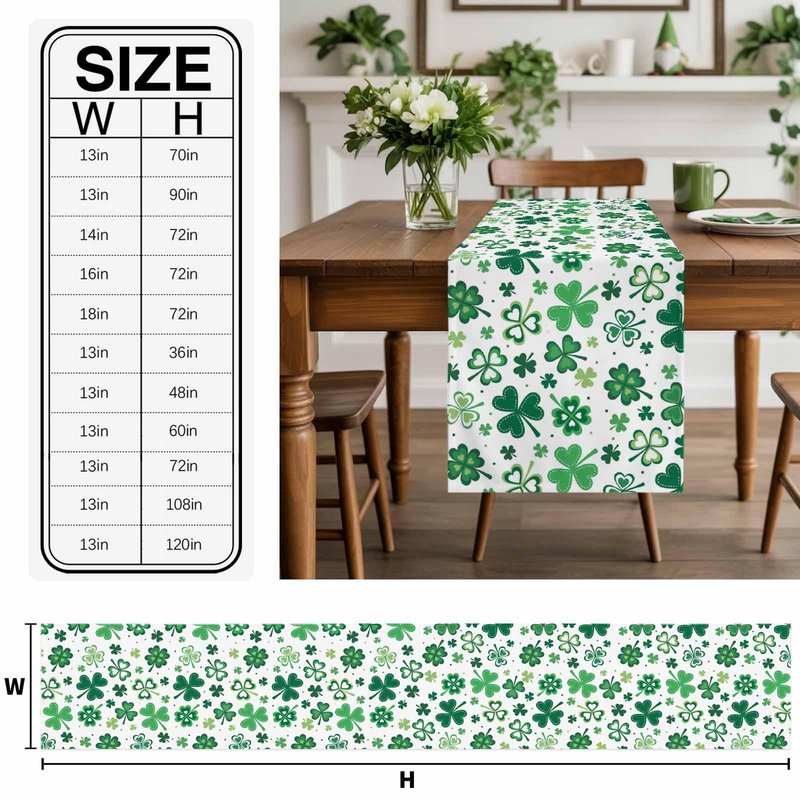 St Patrick's Day Green Shamrocks/Clover Table Runners Cotton Linen Non-Slip Rectangle Dresser Scarves for Spring Party Holiday Kitchen Dining Banquet/Family Gathering Home Decor,13" x 70" Long
