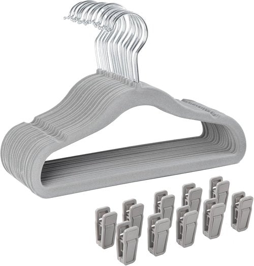 Finnhomy Velvet Non-Slip Clothes Hangers - 30-Pack for Baby & Kids with 10 Finger Clips | Gray