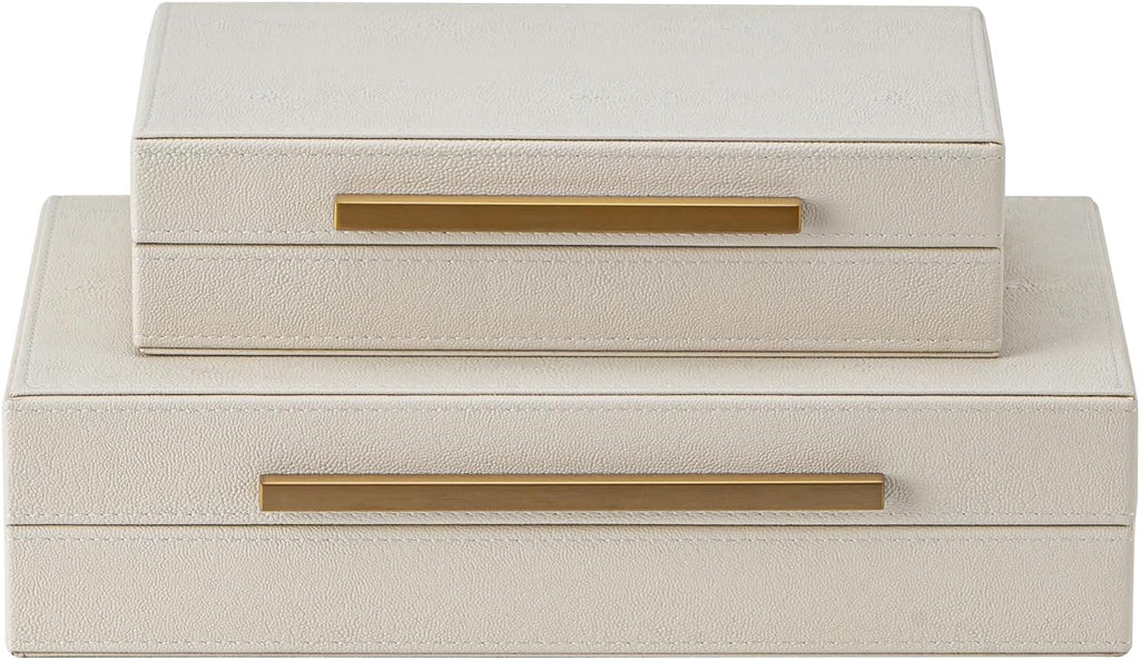 XIGEXIGE Faux Leather Jewelry Box - Large Stackable Organizer Set of 2 in Beige Shagreen with Gold Handles