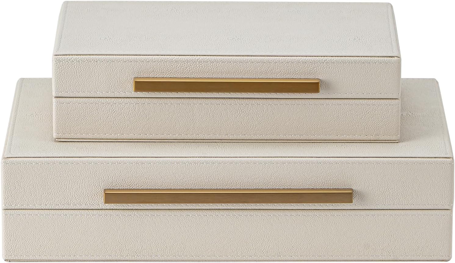 XIGEXIGE Faux Leather Jewelry Box - Large Stackable Organizer Set of 2 in Beige Shagreen with Gold Handles