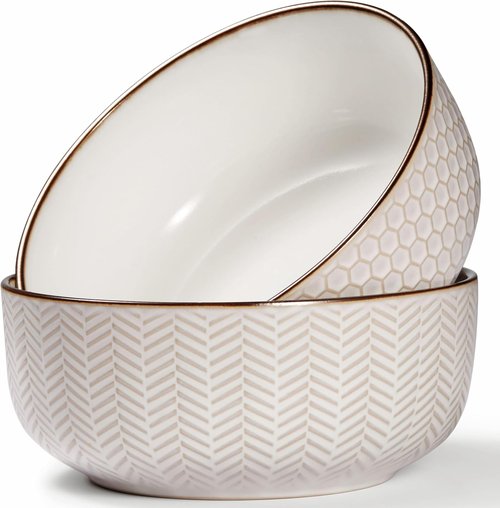 KooK Ceramic Salad Bowls - Embossed Large Serving Bowls for Pasta & Soup | Microwave & Dishwasher Safe, Cream with Dark Copper Accents, Set of 2, 60 oz