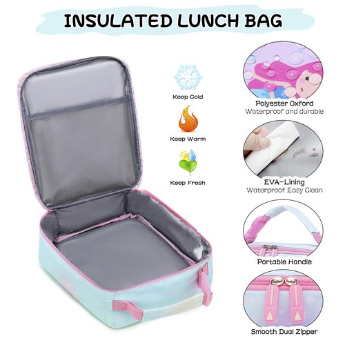 InduSKY Girls Backpack Set with 14oz Kids Insulated Water Bottle, Cute Rainbow School Backpacks for Girls with Lunch Bag Pencil Case, Kids Backpack Kindergarten Elementary Middle School Bags Book Bags