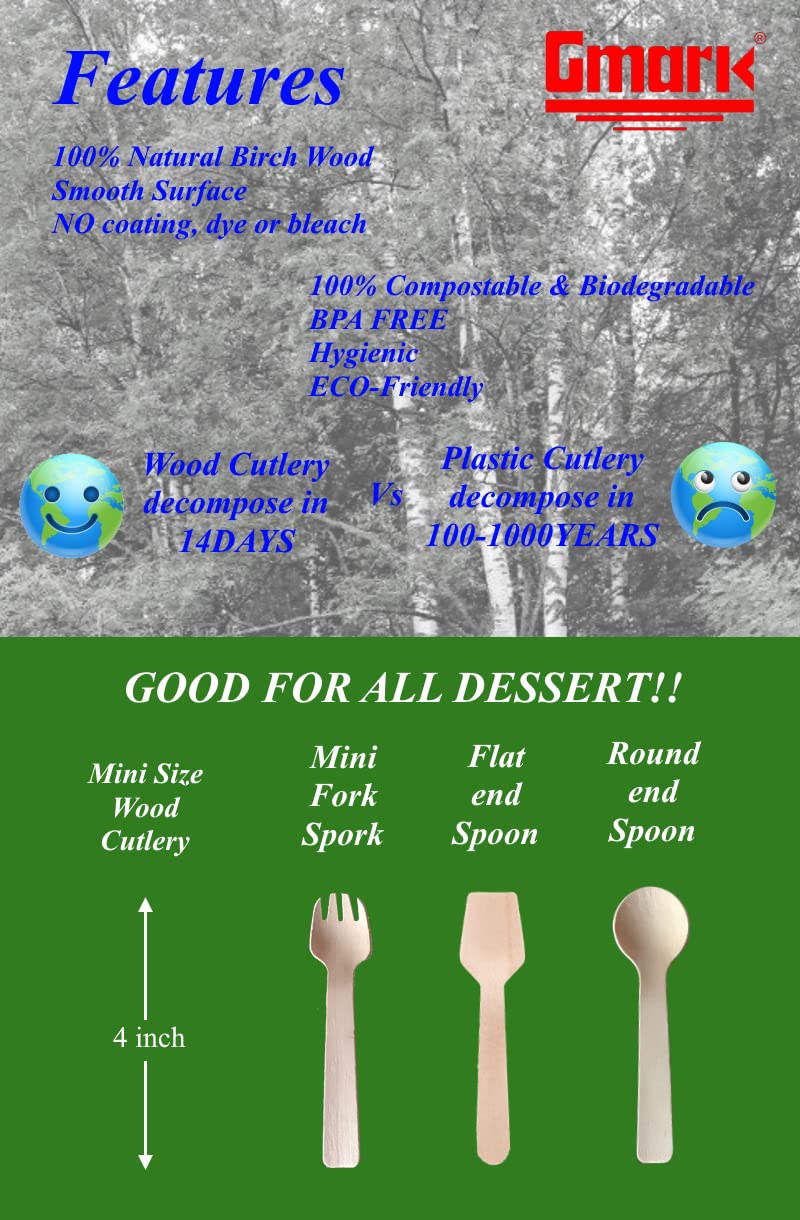 Gmark 1.5mm Extra-Thick Mini Wooden Spoons (4 Inch) – 200 Count Heavy Duty Square End Tasting Spoons – Sturdy No-Snap Birch Wood Samplers for Gelato, Yogurt & Desserts – Eco-Friendly GM1101