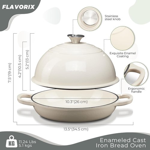 Cast Iron Dutch Oven by [Brand Name] - 6Qt Sourdough Bread Baking Pan with Lid | Enameled, Oven Safe to 482℉, White