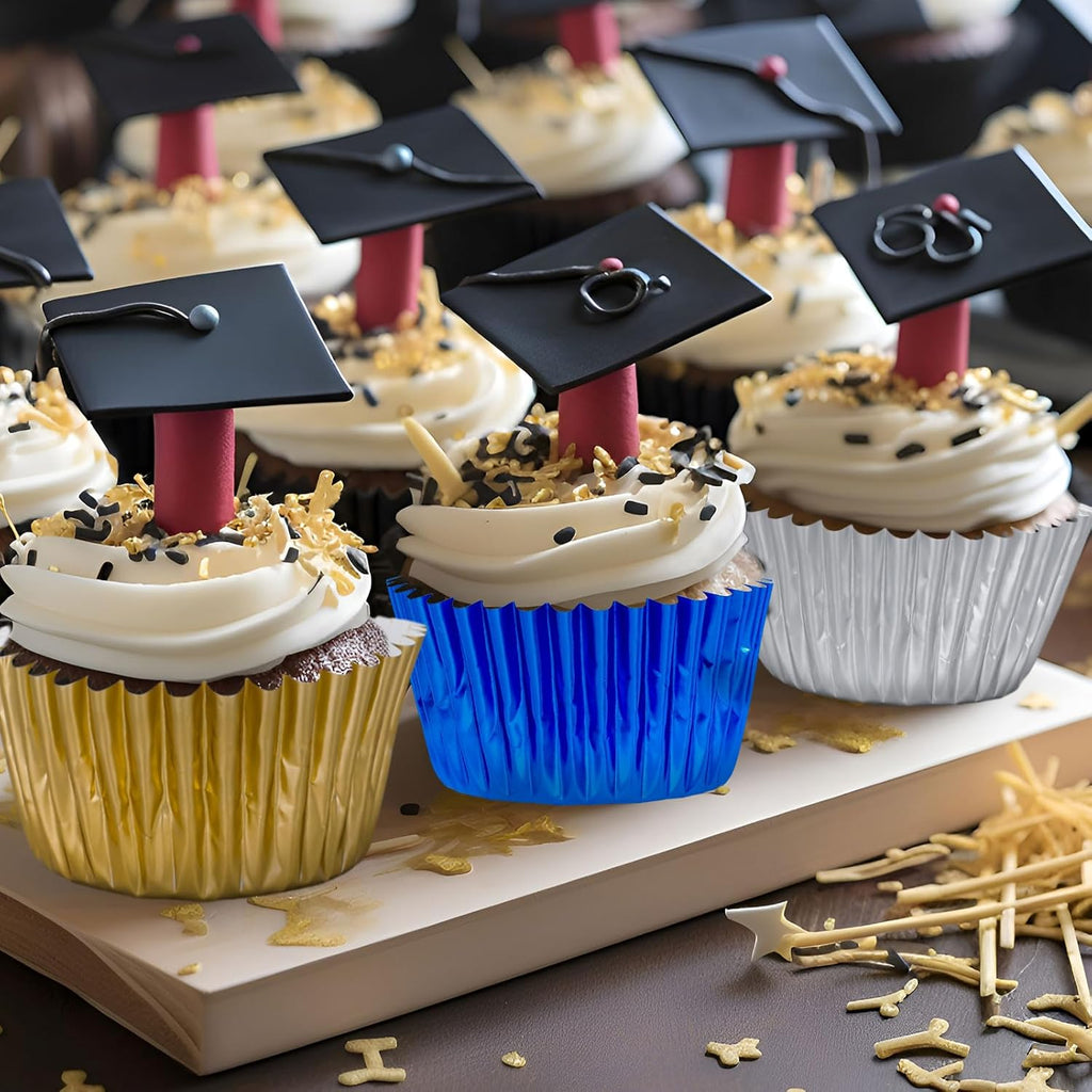 Whaline Graduation Foil Cupcake Liners - 150Pcs Blue Silver Gold Metallic Baking Cups for Parties