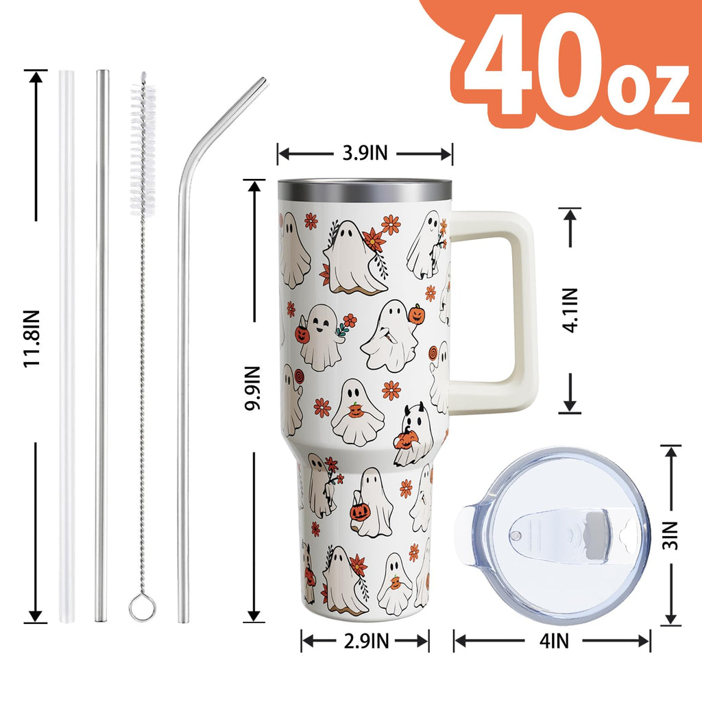 Sabobo Halloween Spooky Cup Gifts for Women Men, Cute Ghost 40oz Tumbler with Handle and Straw, Holiday Stainless Steel Insulated Water Bottle (1 PC)