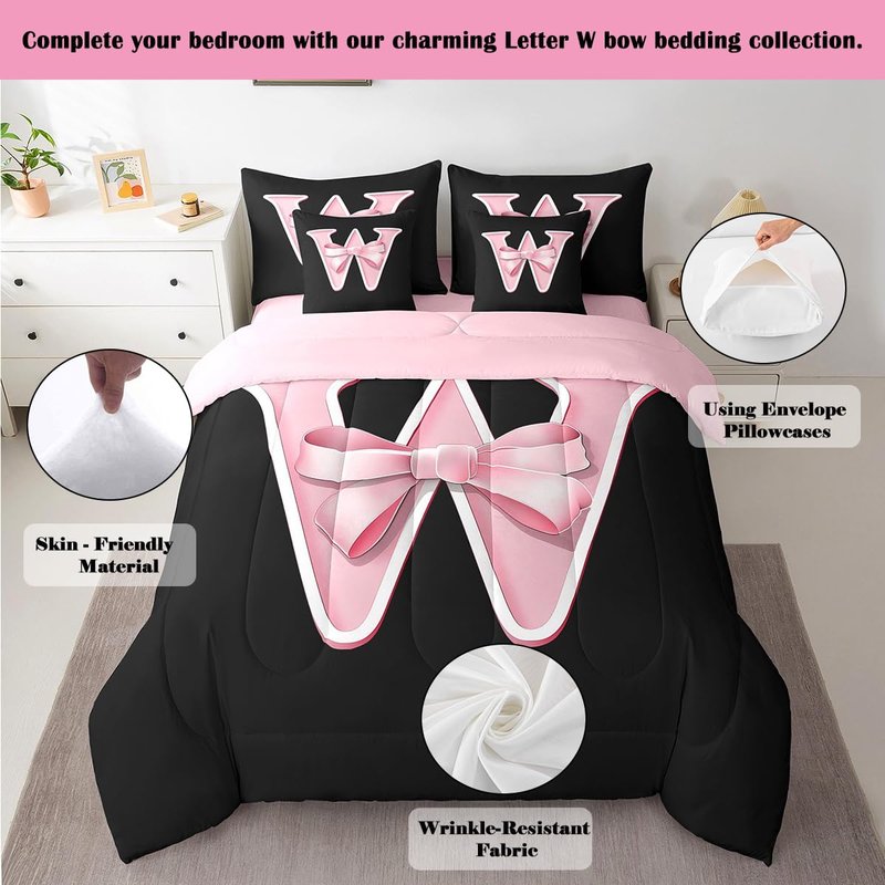 jejeloiu Kawaii Pink Bow Queen Comforter Set with Sheets,Gifts for Women Teen Girl,Monogrammed 7 Piece Bedding Set,Soft Personalized Initial Letter W Bed in a Bag with Comforter,Sheets,Pillowcases