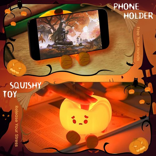 YR YRHH-PET Sad Pumpkin Night Light, Cute Halloween Decor, LED Squishy Light With Feet, Dimmable Light Up for Kids Sleep, Silicone Rechargeable Bedside Touch Lamp, Dorm Room Funny Lamp
