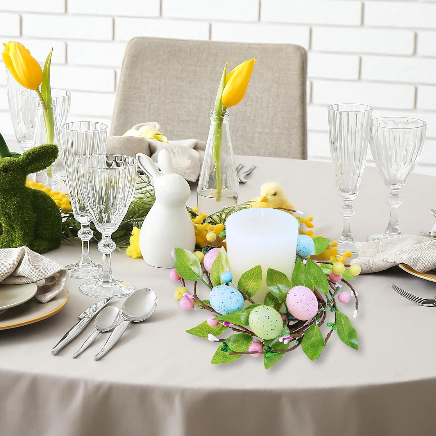 Winlyn Easter Egg Candle Rings - 4 Pcs Spring Wreaths with Pastel Eggs & Berries | 11" Holiday Decor