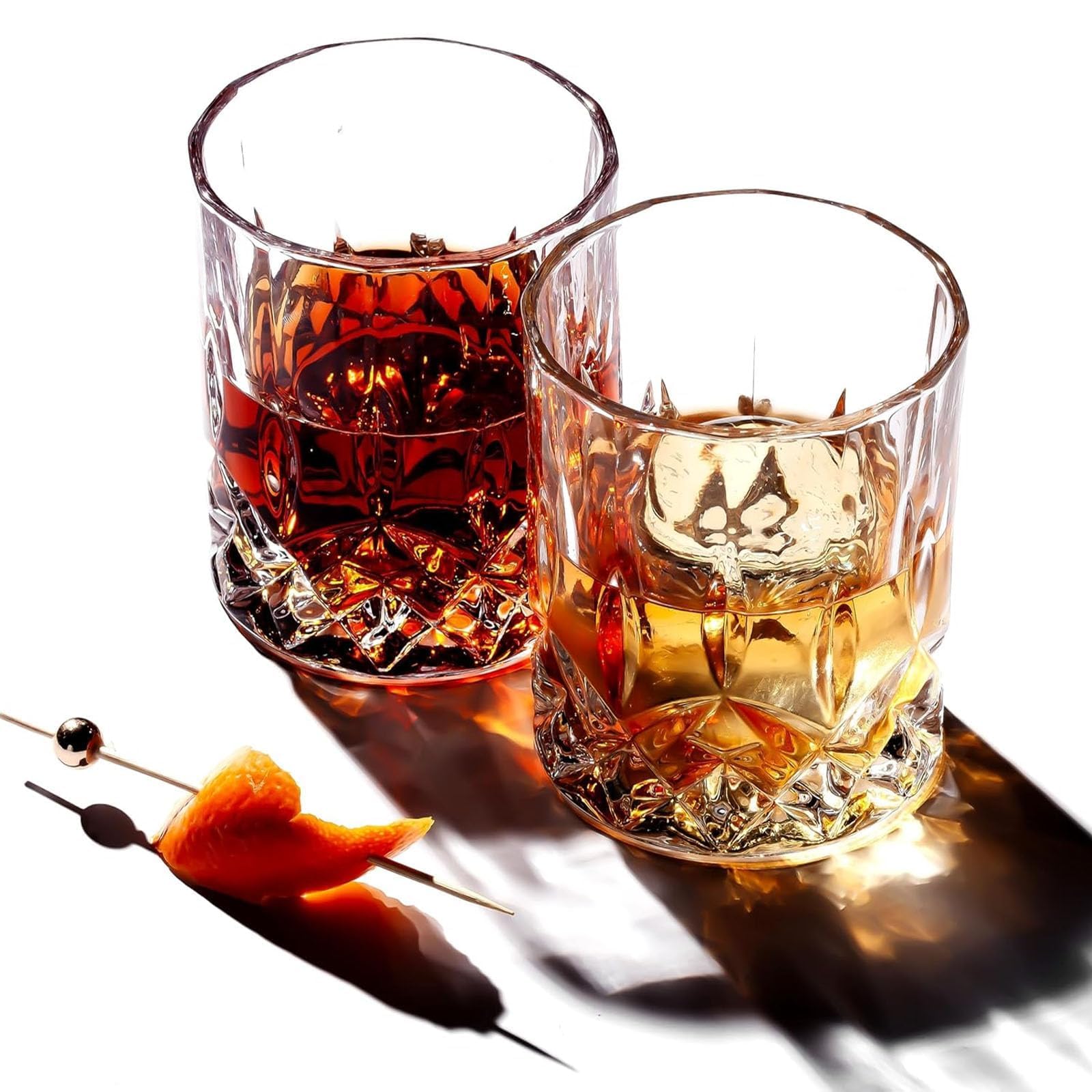 Mkzruulf Crystal Cut Old Fashioned Whiskey Glasses Set of 2 Clear Glass Tumbler 7.4 Oz (with 2 Ice Clips) for Drinking Bourbon, Scotch, Cognac, Cocktails Gift for Men, Dad, Father