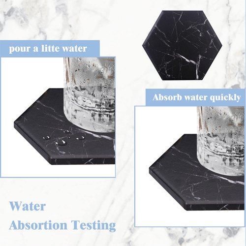 Warmroom Absorbent Hexagon Black Marble Coasters for Drink with Gold Holder and Cork Base Set of 6 Decorative Tabletop Protection for Bar Kitchen Home and Dining Room
