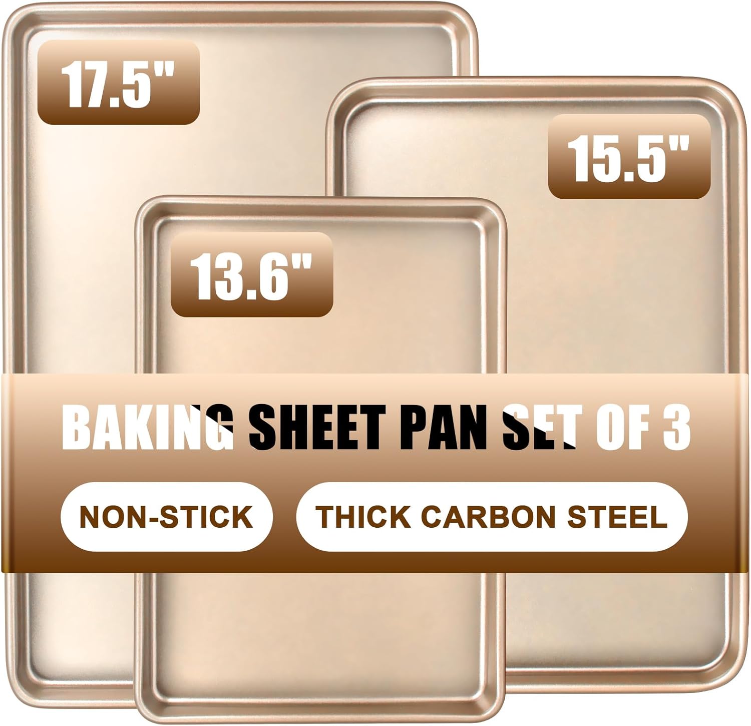 Skiennix Baking Sheet Pan Set - Nonstick Commercial Cookie Sheets | Heavy Duty Easy Clean, Champagne Gold