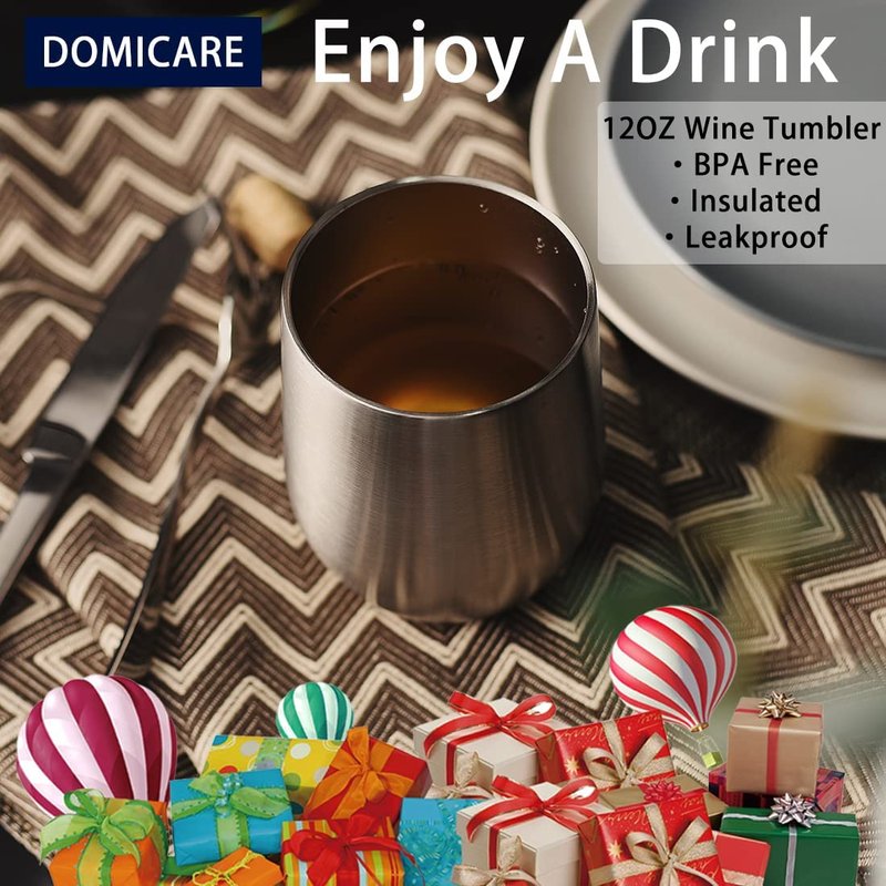 DOMICARE Stainless Steel Wine Tumbler Bulk with Lid, Personalized Insulated Tumblers Set, 12oz Travel Coffee Cups Pack of 16, Stainless steel