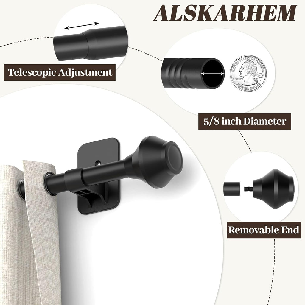 Skiennix Adjustable Curtain Rods - No Drilling, 36-48 Inch, Black Telescoping Design for Easy Installation