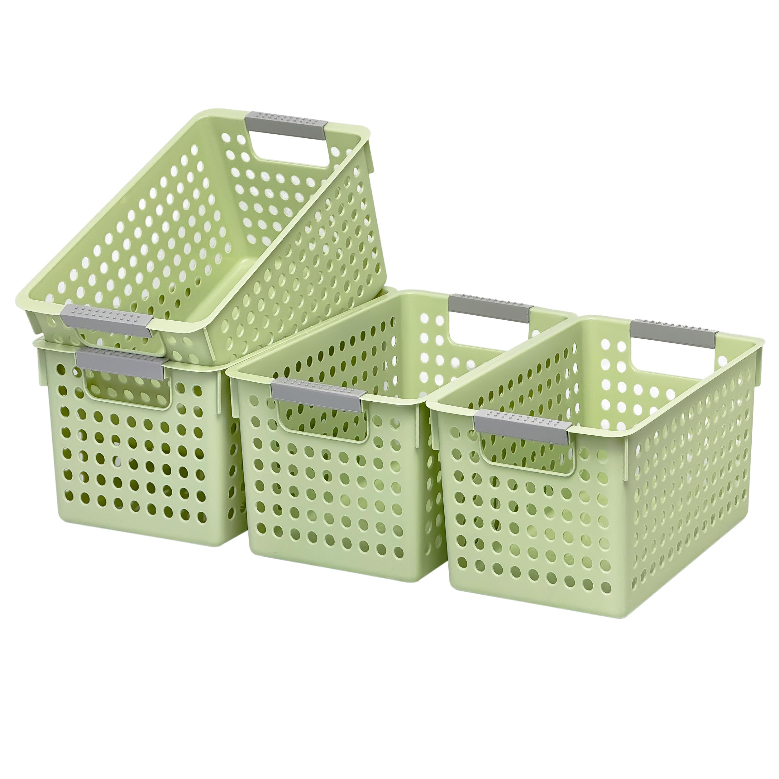 Soddeph 4 Pack Plastic Storage Basket with Handles, Small Deep Organizer Bin with Hollow Design for Under Counter, Shelf, Closet, Kitchen or Bathroom (Green, Small)