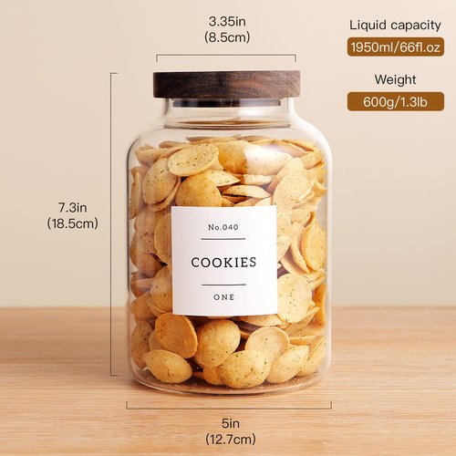CZHQSMZ Set Of 2 Large Glass Jar with Wooden Lid with 132 Labels, Glass Storage Jars for Flour Pasta Candy Coffee Cookie and More(70 FL OZ/2000 ml)