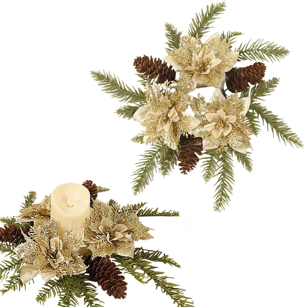 Skiennix Christmas Candle Ring Wreath - Artificial Golden Flower & Pine Garland Centerpiece