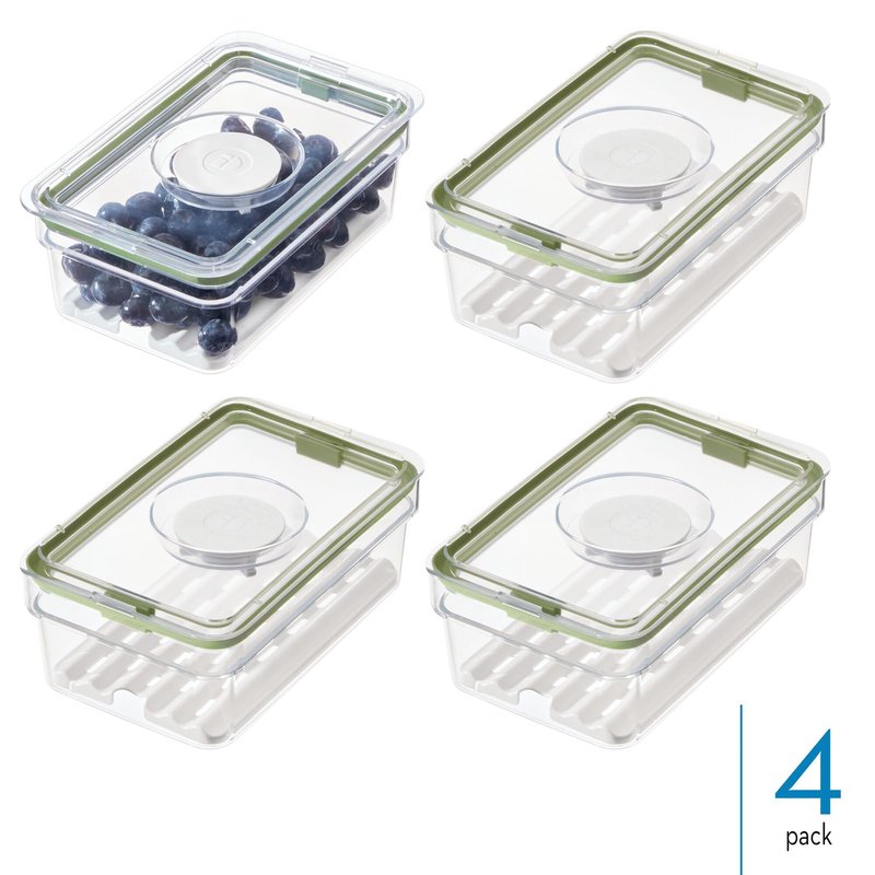 iDesign Medium Fridge Produce Bin with Removable Drainage Tray and Lid - Set of 4 - Clear