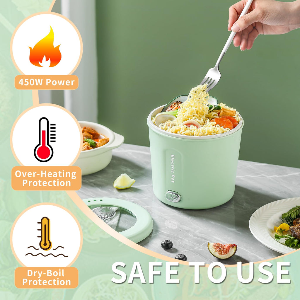 Zelarca Hot Pot Electric, 1L Mini Ramen Cooker, 450W Rapid Noodles Cooker, Multifunctional Electric Pot for Cooking Pasta, Soup, Portable Pots with Over-Heating Protection for Dorm, Office, Travel