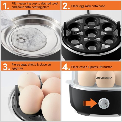 Elite Gourmet Easy Egg Cooker - Electric 7-Egg Capacity with Auto Shut-Off & Measuring Cup | Classic Black