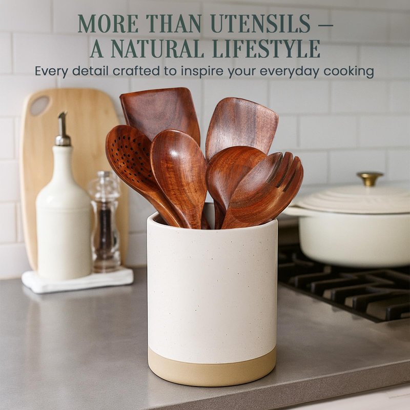 BRIVANA 6-Piece Teak Wood Utensil Set – Durable Natural Teak with Smooth, Sealed Finish – Gentle on Non-Stick Cookware for Everyday Stirring, Mixing, Serving and Cooking