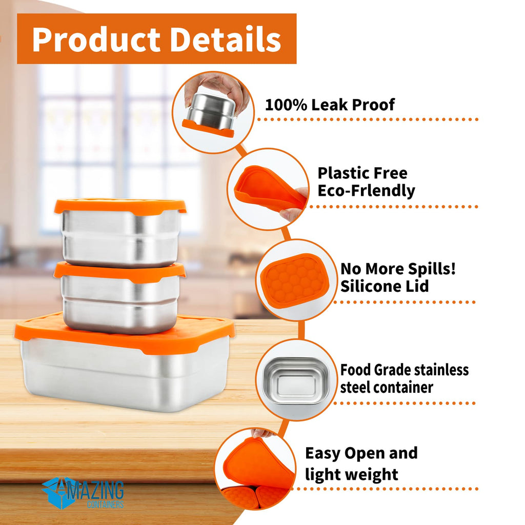 AMAZING CONTAINERS|Stainless Steel Food Containers with Lids Set of 3 (28 oz, 2X 8 oz) | Steel Lunch Container for Kids and Adults | Metal Snack Container Leakproof Lunch Box Sandwich Containers