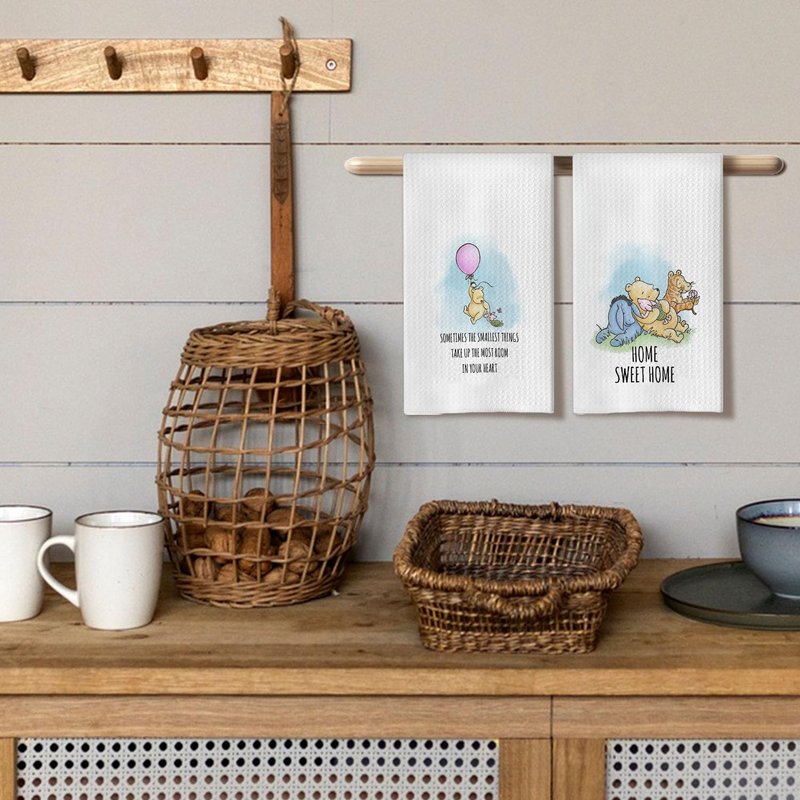 QZCYU Winnie Themed Culinary Linens Set of 4 - Pooh Bear Decor Accents for Kitchen & Bath Spaces - Dishcloths for Culinary Essentials - Charming Presents for Female Enthusiasts