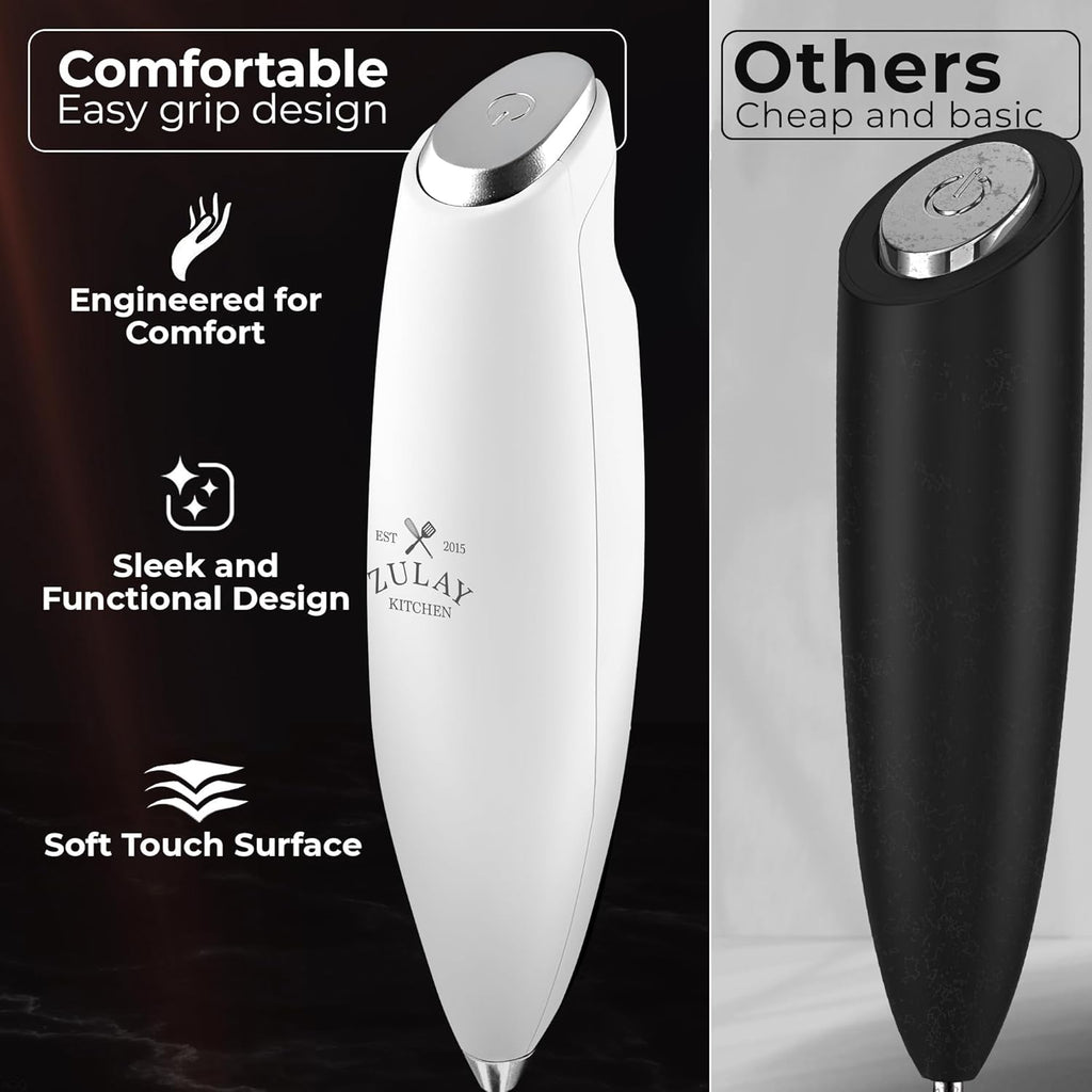 Zulay Kitchen Tornado Triple Whisk Milk Frother - Handheld Foam Maker for Coffee & Lattes | Blizzard White, 4 Batteries Included