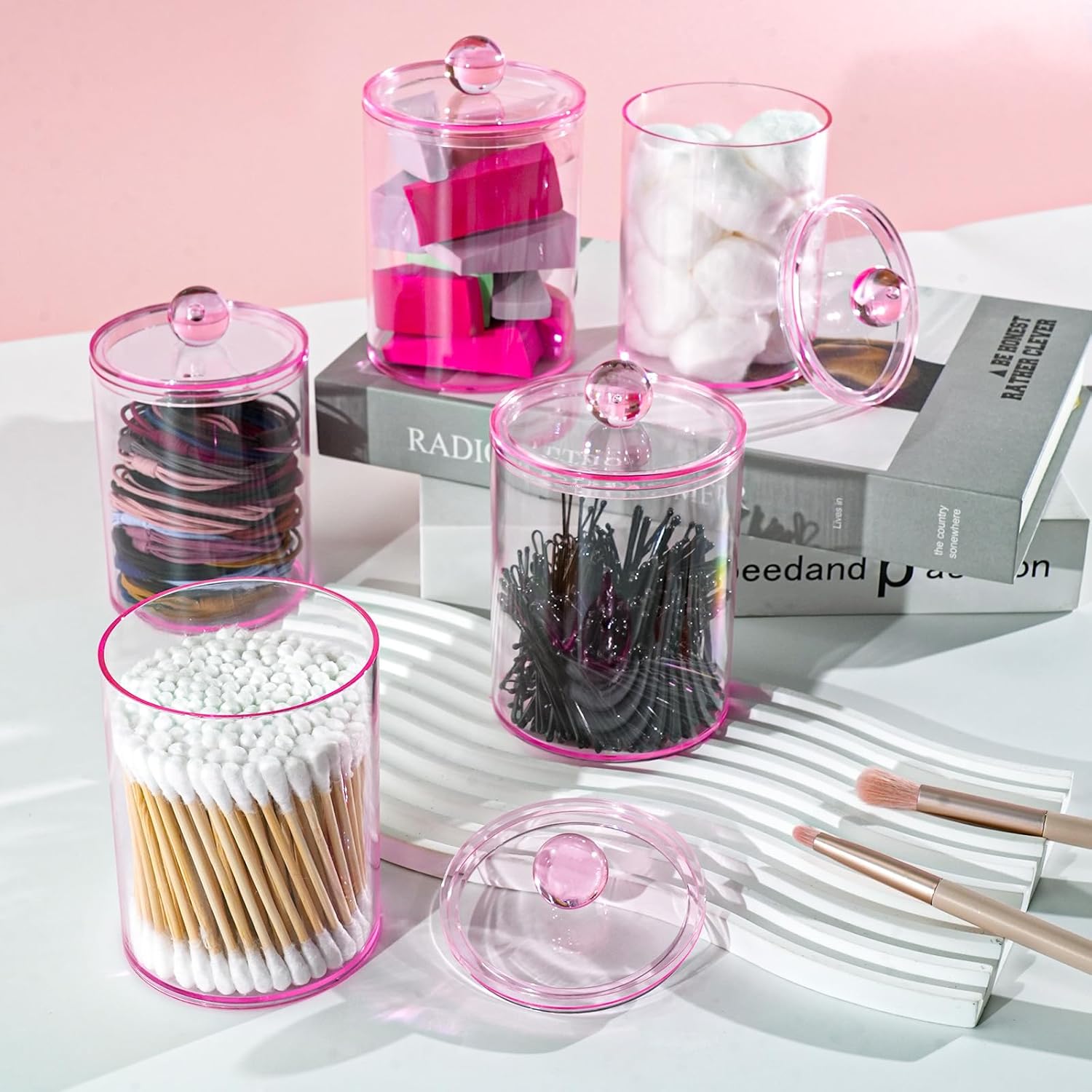 XIPENGKEJI Qtip Holder Set - Stylish Apothecary Jars for Bathroom Organization | 10oz-12oz Pink Canisters