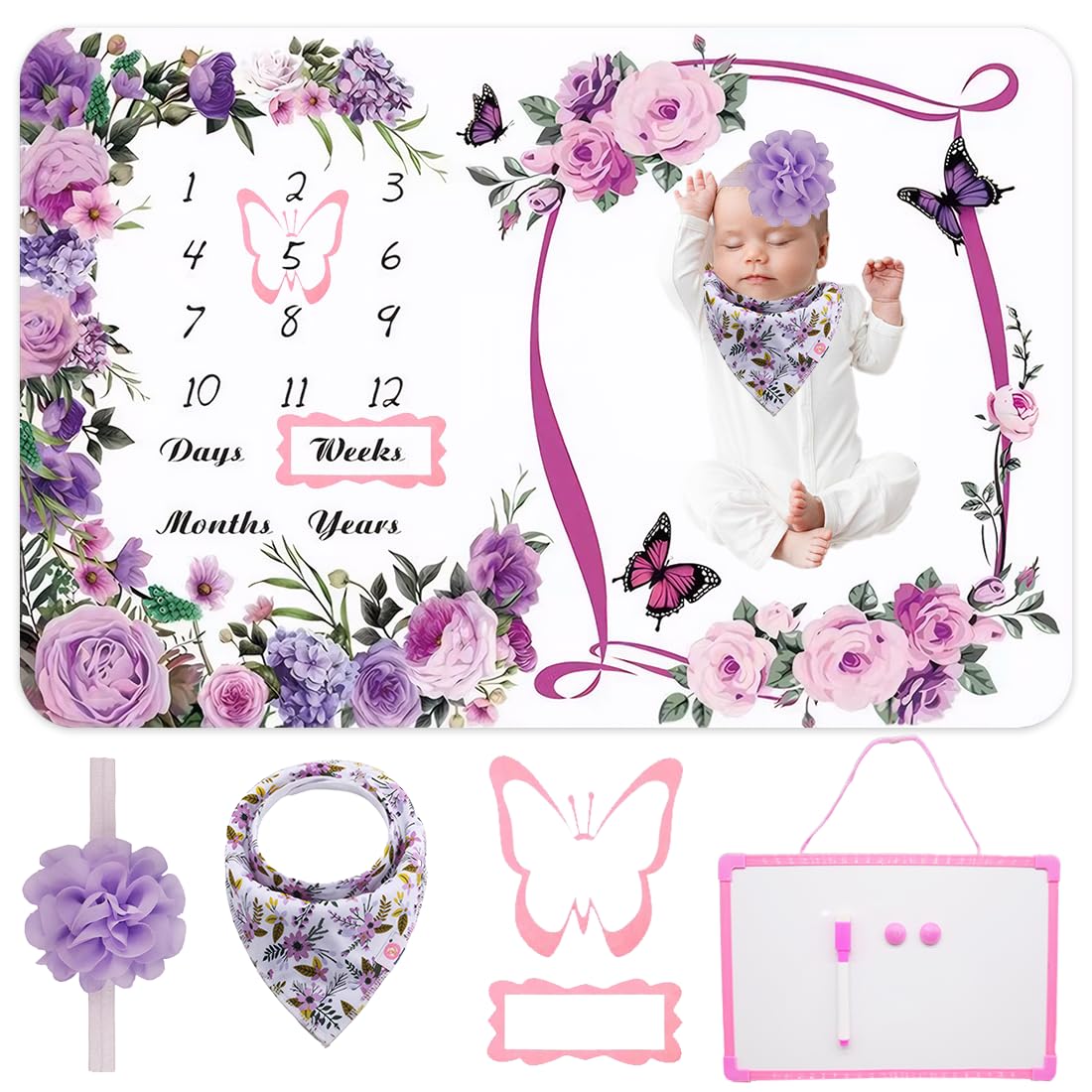 NCTDSUKAY Milestone Blanket for Baby Girl (Purple 60x40 Inches), with Photo Aid Frame, Saliva Towel, Erasable Writing Board, Hair Band, Documenting Growth。