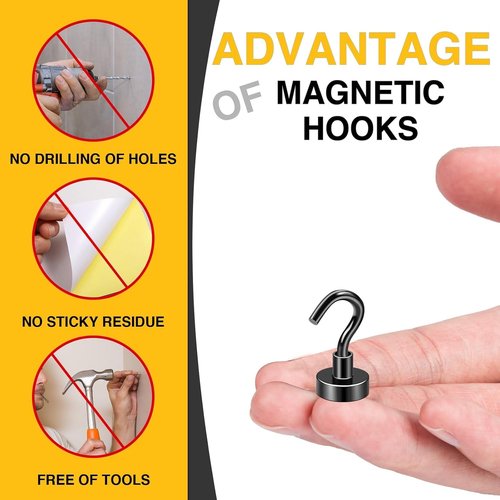 DIYMAG Magnetic Hooks - Heavy Duty 30lbs Capacity | Strong N52 Magnets for Home & Travel - 10 Pack Black