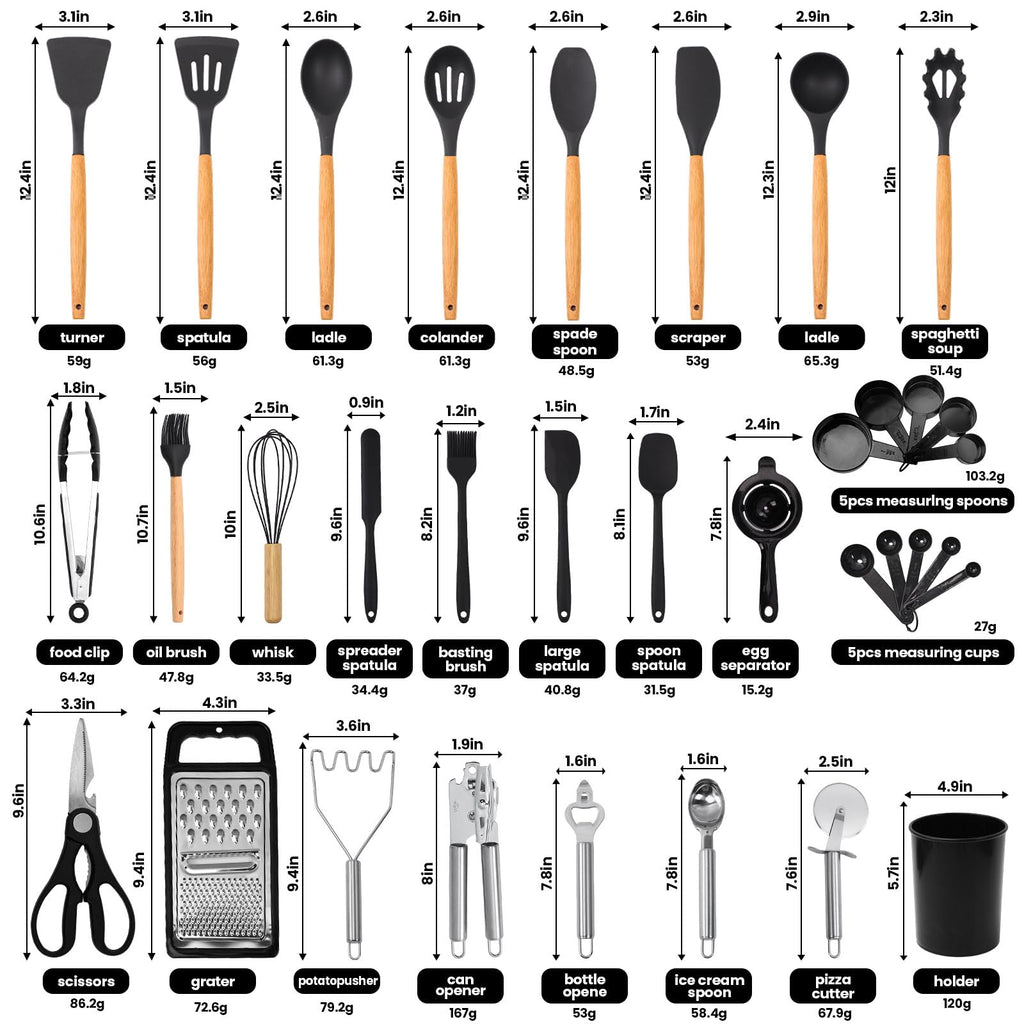Silicone Cooking Utensils Set, 34 PCS Kitchen Utensils Set, 446℉ Heat Resistant Non-Stick Silicone Cooking Kitchen Utensils with Wooden Handle, Kitchen Gadgets Tools Set for Nonstick Cookware
