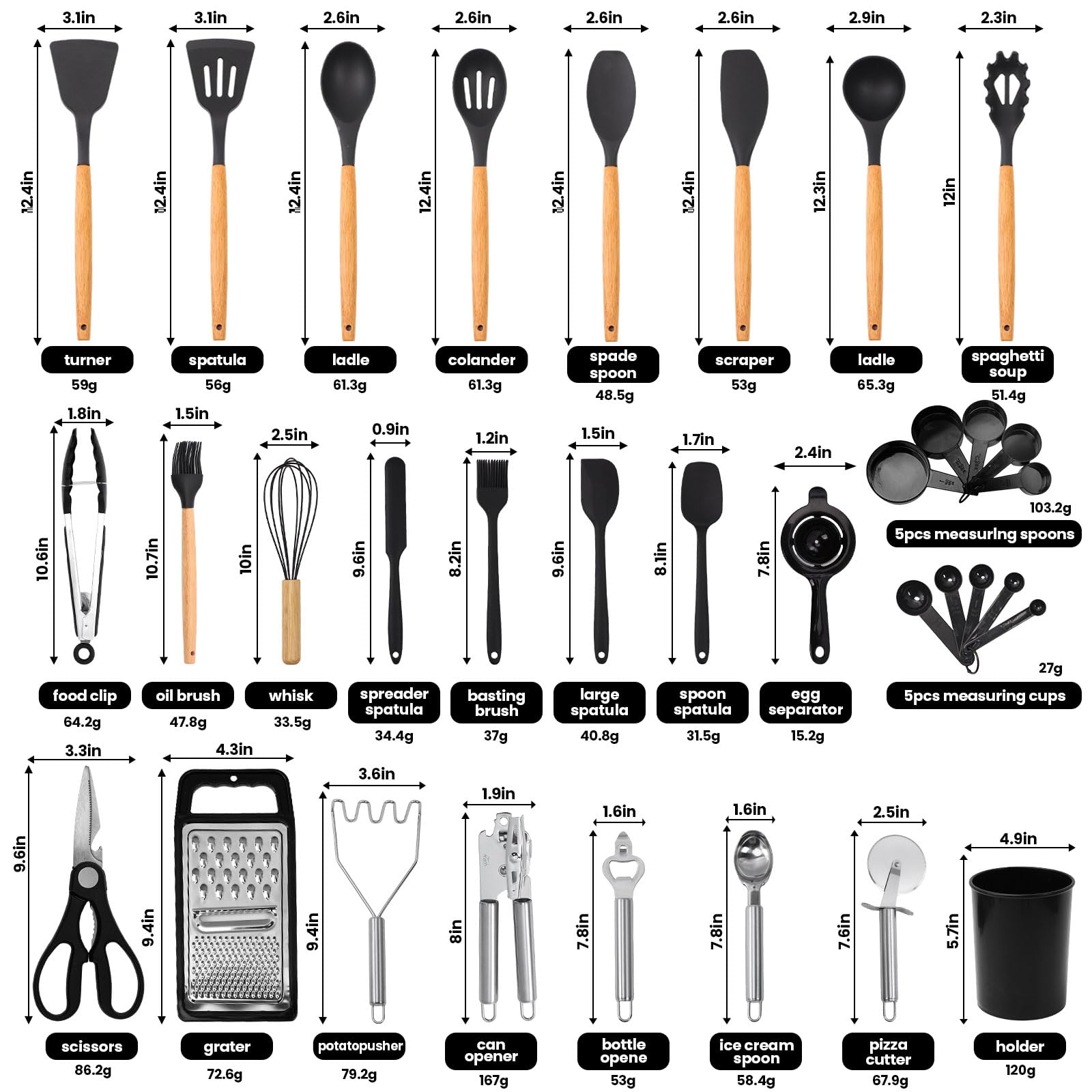 Silicone Cooking Utensils Set, 34 PCS Kitchen Utensils Set, 446℉ Heat Resistant Non-Stick Silicone Cooking Kitchen Utensils with Wooden Handle, Kitchen Gadgets Tools Set for Nonstick Cookware