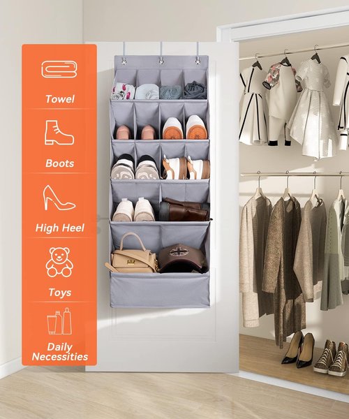 FENTEC Over-the-Door Shoe Organizer - 15 Pocket Hanging Rack for Closet | Gray Storage Solution