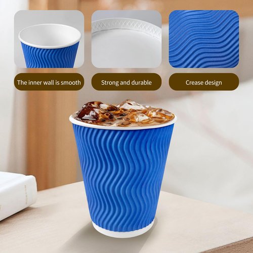 V VAMEI 12 oz Coffee Cups 100 Count, Disposable Paper Cups 12oz, Corrugated Ripple Wall To Go Coffee Cups for Hot Beverage Party Home Office School Work Morning Coffee Bar, Blue