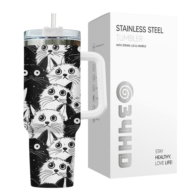 34HD Funny Black Cat 40oz Tumbler with Handle and Straw, Everything Is Fine Stainless Steel Vacuum Insulated Cup, Birthday & Mother's Day Gifts for Pet Lovers, Him Her and Mom