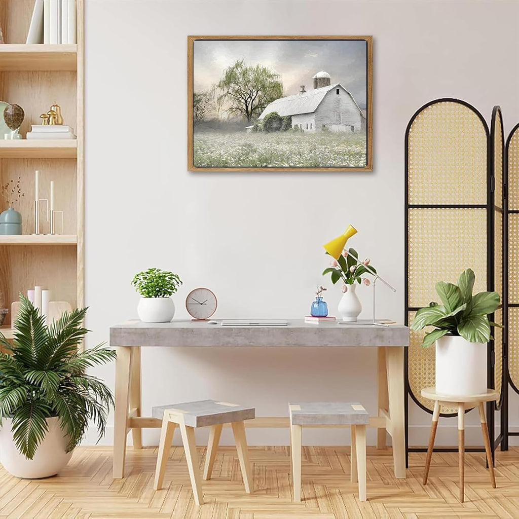 Skiennix Rustic Farmhouse Canvas Wall Art - White Barn Wildflower Landscape Print | 16x12 in for Bedroom & Living Room