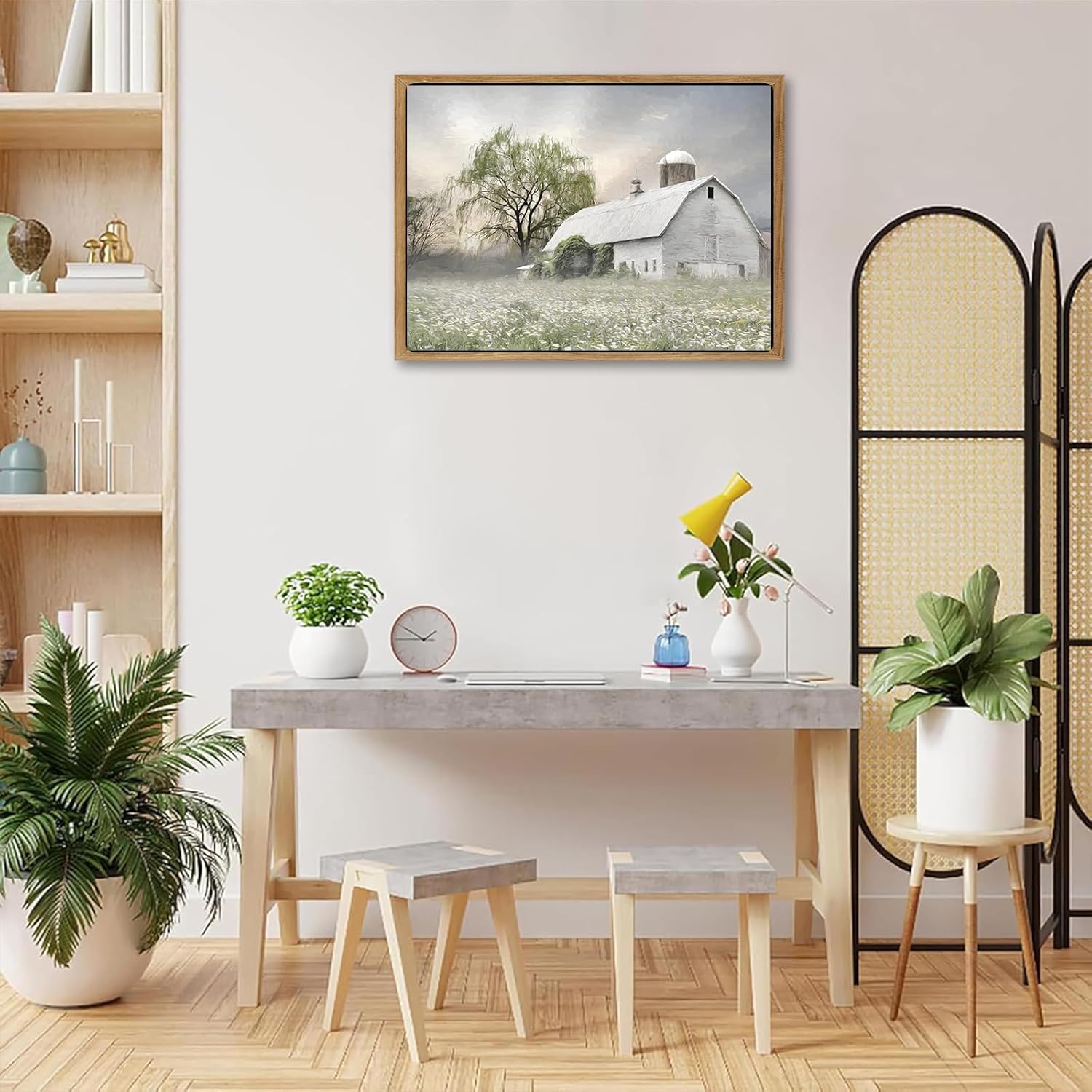 Skiennix Rustic Farmhouse Canvas Wall Art - White Barn Wildflower Landscape Print | 16x12 in for Bedroom & Living Room
