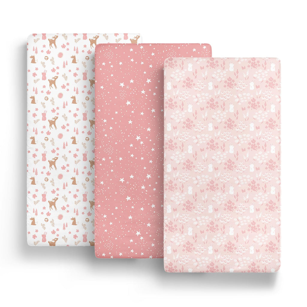 The Peanutshell 3-Pack Fitted Playard Sheets - Soft & Breathable Baby Girl Mini Crib Sheets, Pack N Play Mattress, Fits Standard Playard Pack Play Mattresses - Woodland Floral