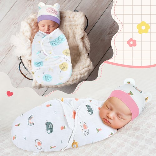 Buryeah 4 Pack Preemie Swaddle Blanket Wrap Set with Hat for Baby Boys Girls 3-7 Lbs Preemie Newborn Clothes Sleepers Cap(Purple,Flower)