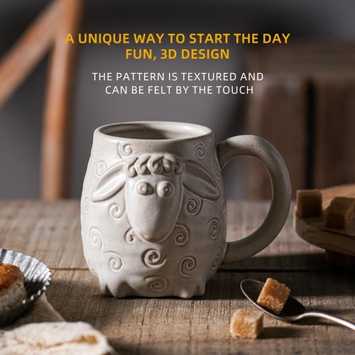 INKRICH Sheep Ceramic Cup (22 Ounce), Sheep Mug Large Ceramic Coffee Mugs Tea Cup, Handcrafted 3D Coffee Mug with Sheep, Novelty Coffee Mugs